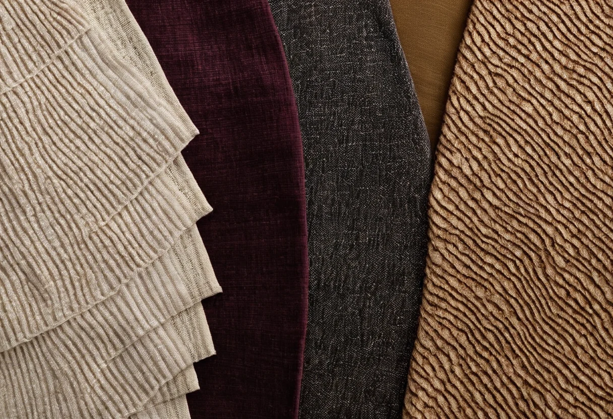 Fan of upholstery fabric samples in silk, linen, wool, cotton, viscose and blends showing different lusters and weaves