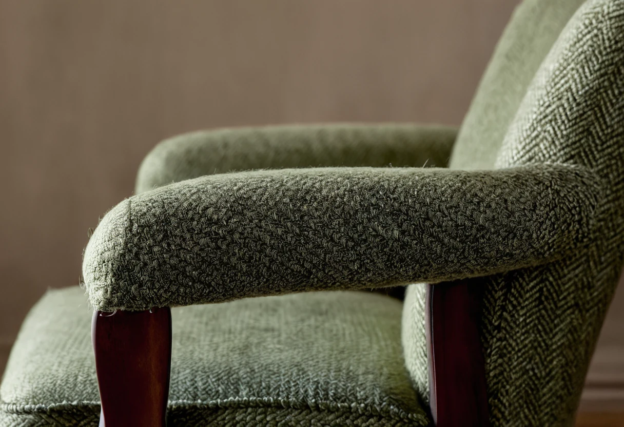 Matte wool upholstery in herringbone weave on a classic armchair with visible springy pile texture