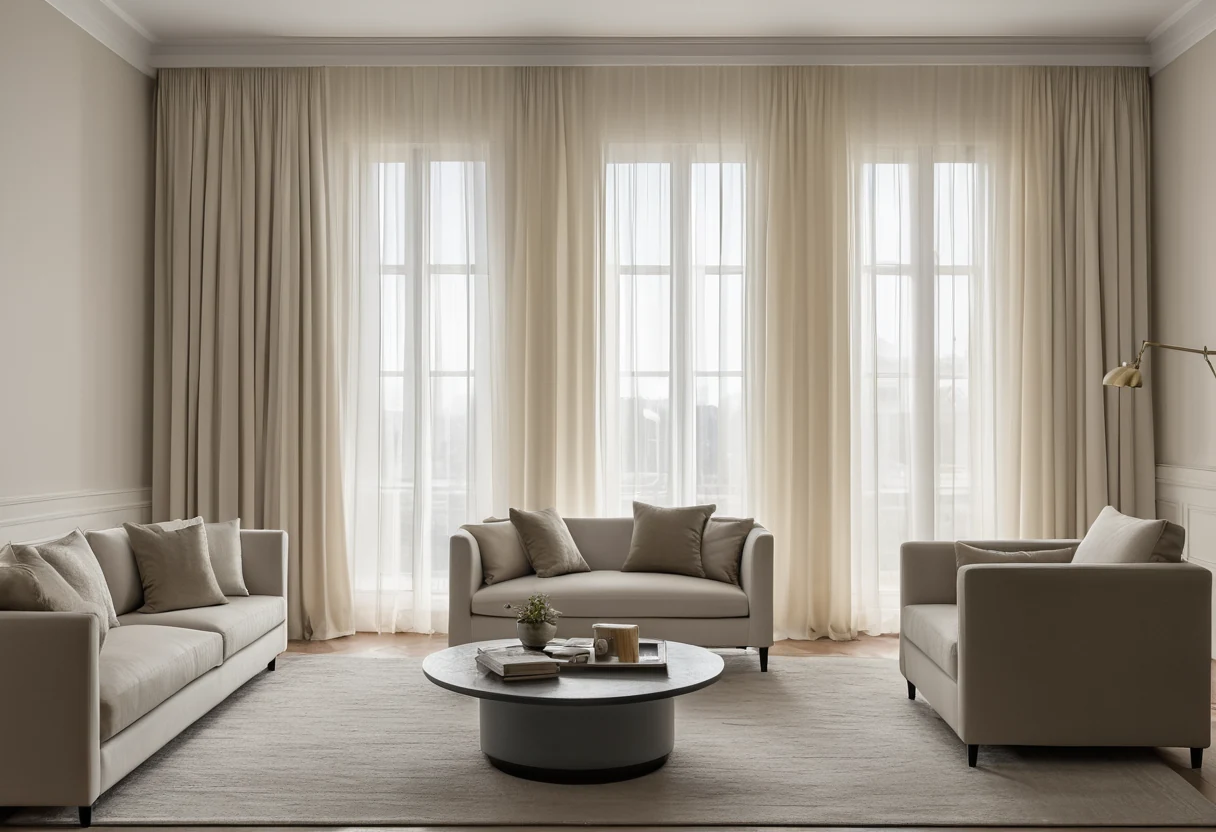 Floor-to-ceiling linen-look sheer curtains glowing evenly across a panoramic window wall